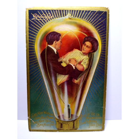 Victorian Couple Inside Light Bulb Fantasy Postcard Romance Lovelights 1909 - Picture 2 of 3